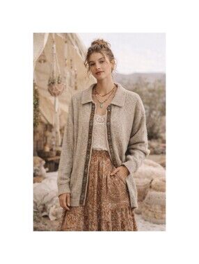 Vintage 90s Winona Womens Wool Cardigan Sweater Oatmeal Knit MetalButtons Size L